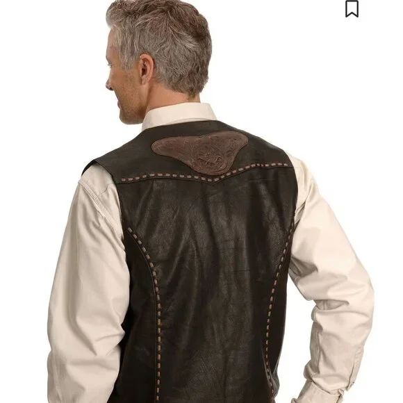 Men's XXL Tooled Leather Vest - Picture 5 of 7